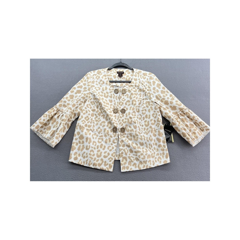 Multiples Jacket Womens Sz M Leopard Print Bell Sleeve Khaki Buttons NEW